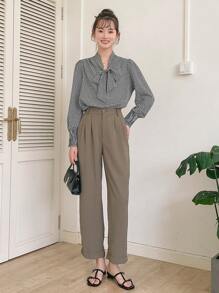 DAZY 高腰褶裥直筒西装裤商务装 - 咖啡棕 - 查看 9