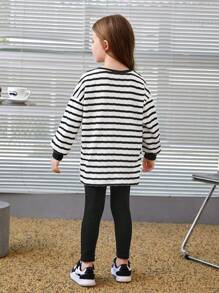 SHEIN Young Girl Striped Drop Shoulder Split Hem Tee & Leggings - Black and White - View 3