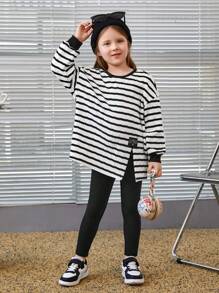SHEIN Young Girl Striped Drop Shoulder Split Hem Tee & Leggings - Black and White - View 1