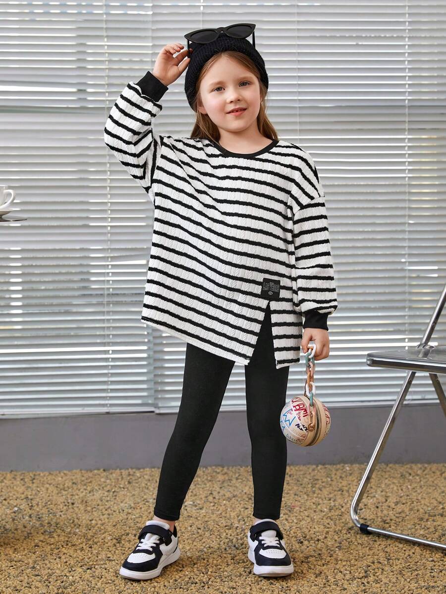 SHEIN Young Girl Striped Drop Shoulder Split Hem Tee & Leggings - Black and White - View 1