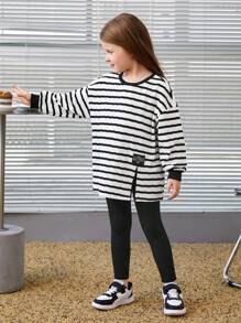 SHEIN Young Girl Striped Drop Shoulder Split Hem Tee & Leggings - Black and White - View 5
