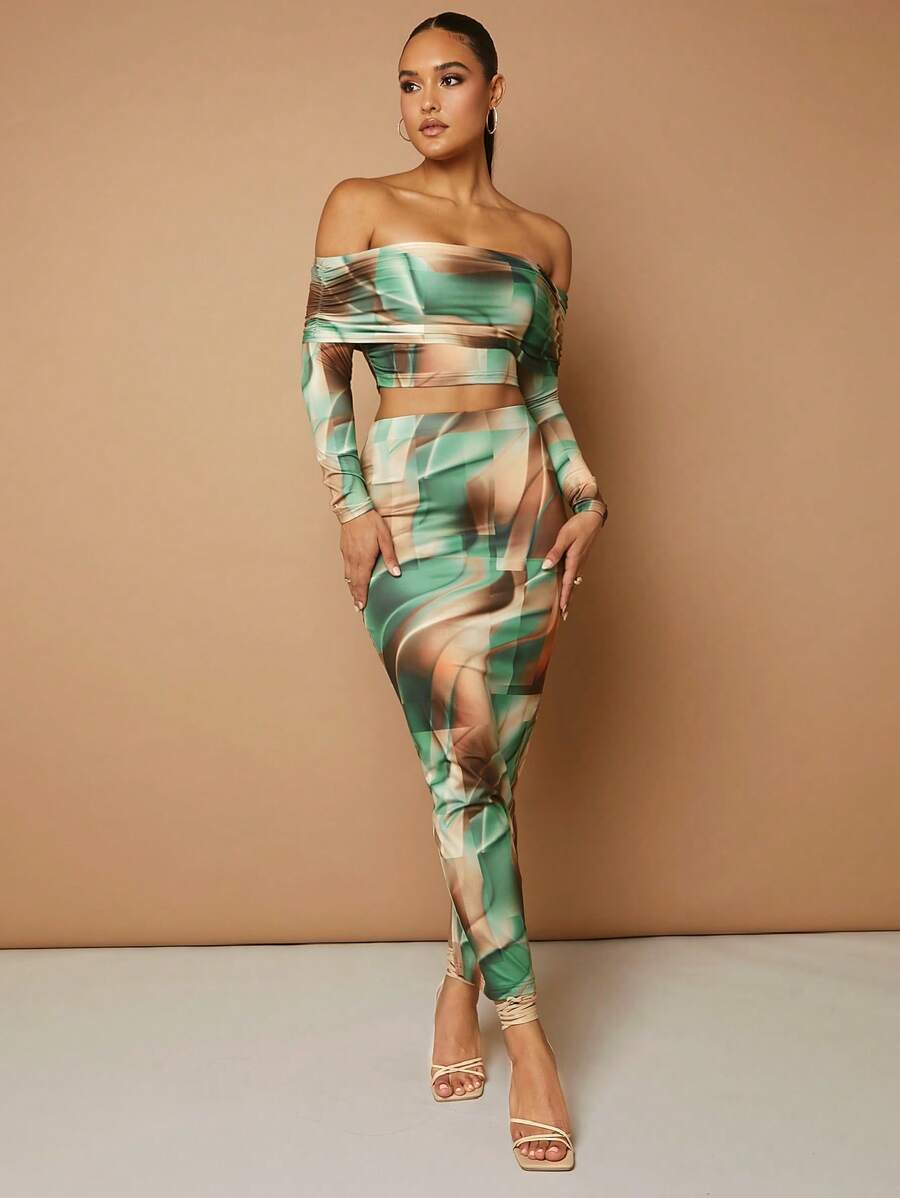 SHEIN BAE 滿版印花一字肩短款上衣&鉛筆裙 - 彩色 - 查看 1