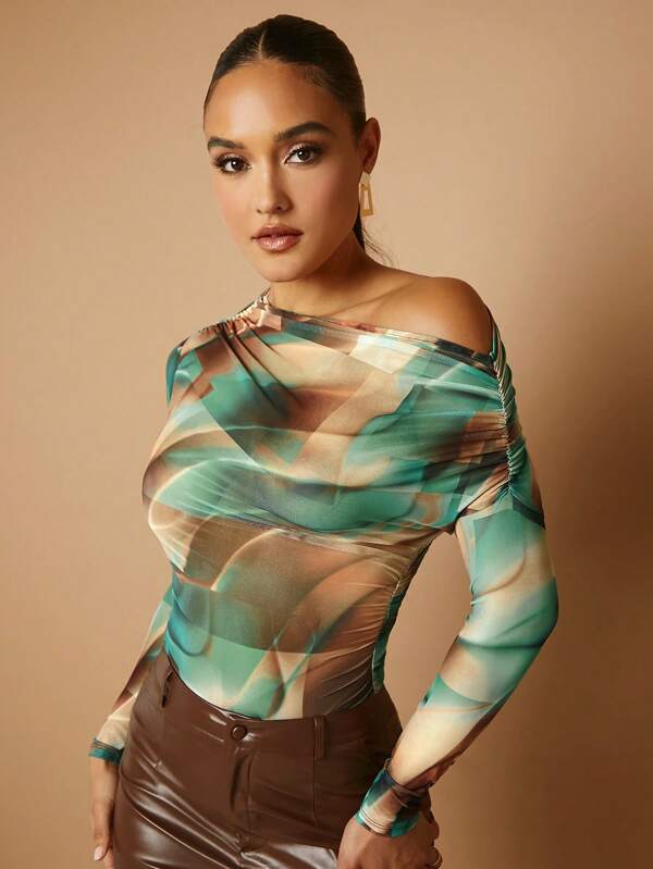 Silquee Women's Random Print Casual Oblique Shoulder Long Sleeve Top