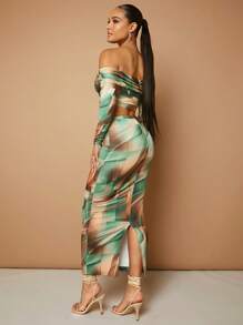 SHEIN BAE 滿版印花一字肩短款上衣&鉛筆裙 - 彩色 - 查看 2