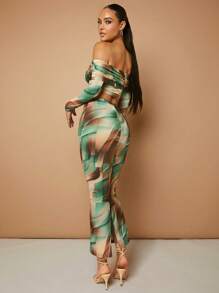 SHEIN BAE 滿版印花一字肩短款上衣&鉛筆裙 - 彩色 - 查看 4