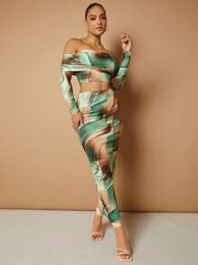 SHEIN BAE 滿版印花一字肩短款上衣&鉛筆裙 - 彩色 - 查看 5