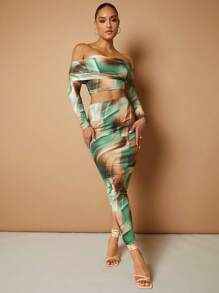 SHEIN BAE 滿版印花一字肩短款上衣&鉛筆裙 - 彩色 - 查看 7