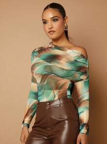 Silquee Women's Random Print Casual Oblique Shoulder Long Sleeve Top - Multicolor - View 6