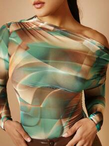 Silquee Women's Random Print Casual Oblique Shoulder Long Sleeve Top - Multicolor - View 8