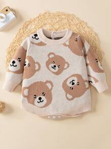 SHEIN Đứa bé gái Họa tiết gấu Đan Áo liền quần chặt - Màu be - Xem 1
