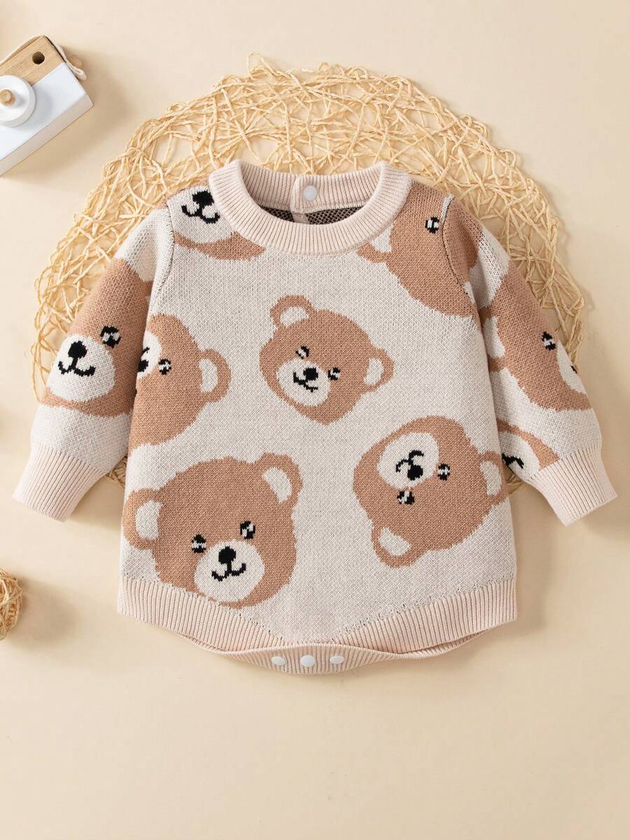 SHEIN Đứa bé gái Họa tiết gấu Đan Áo liền quần chặt - Màu be - Xem 1