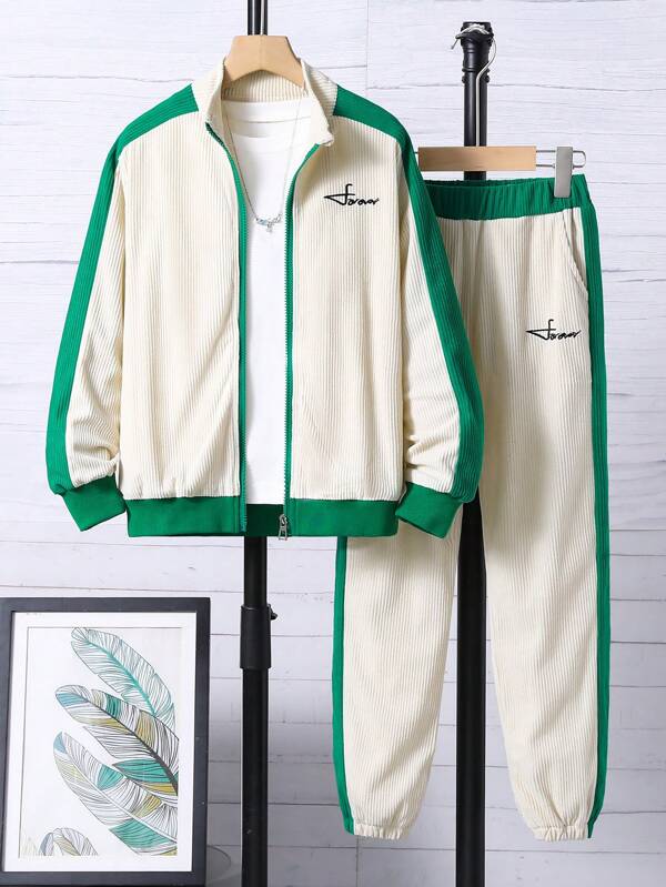 SHEIN Tween Boy Letter Graphic Contrast Side Seam Jacket & Pants Without Tee