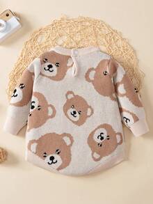 SHEIN Đứa bé gái Họa tiết gấu Đan Áo liền quần chặt - Màu be - Xem 2