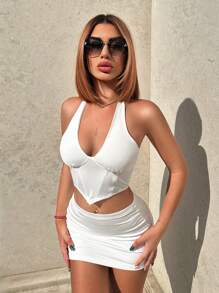 EgrlEra Solid Hanky Hem Halter Top & Bodycon Skirt - White - View 1