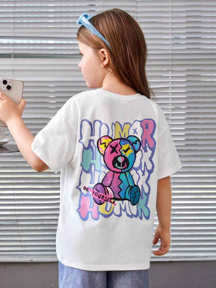 SHEIN Cô Gái Trẻ Đồ họa chữ cái & Gấu Áo thun - trắng - Xem 1