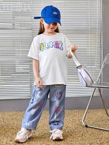 SHEIN Cô Gái Trẻ Đồ họa chữ cái & Gấu Áo thun - trắng - Xem 4