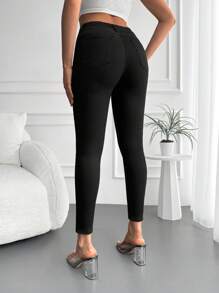 SHEIN Cottnline High Waist Skinny Cropped Jeans - Black - View 2