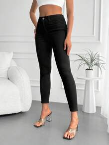 SHEIN Cottnline High Waist Skinny Cropped Jeans - Black - View 4