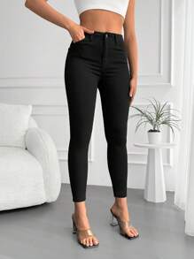 SHEIN Cottnline High Waist Skinny Cropped Jeans - Black - View 5
