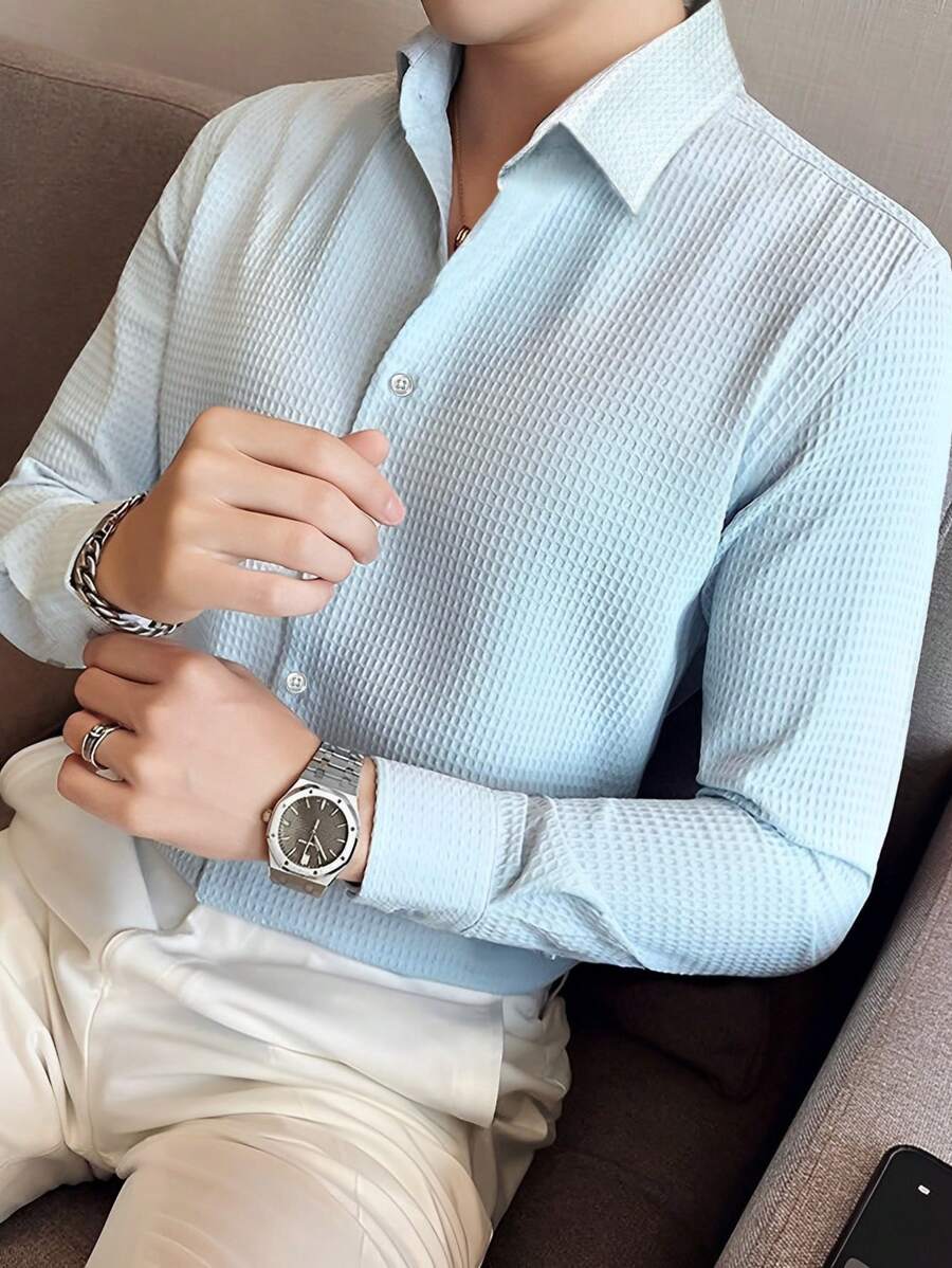 Calvornis 男士純色正面紐帶襯衫長袖純色淺藍色休閒襯衫適合男友禮物 - 藍色 - 查看 1