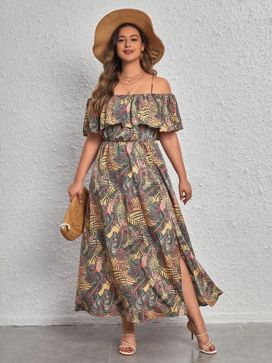 SHEIN VCAY Plus Tropical Print Cold Shoulder Ruffle Trim Split Thigh Dress - Multicolor - View 1