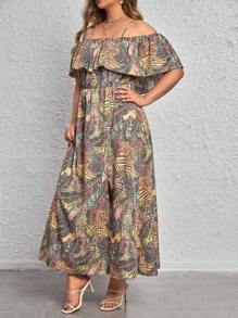 SHEIN VCAY Plus Tropical Print Cold Shoulder Ruffle Trim Split Thigh Dress - Multicolor - View 4
