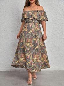 SHEIN VCAY Plus Tropical Print Cold Shoulder Ruffle Trim Split Thigh Dress - Multicolor - View 5