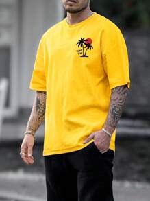 Manfinity Homme 男士夏季度假热带印花落肩 T 恤 - 黃色 - 查看 1