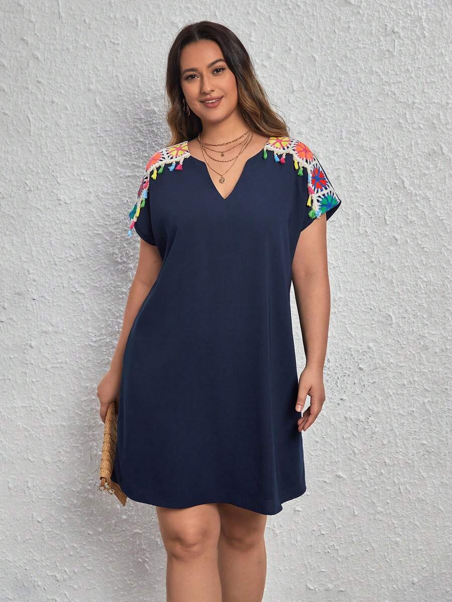 SHEIN VCAY 大碼印花缺口領蝙蝠袖洋裝 - 藏蓝色 - 查看 1