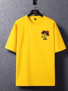 Manfinity Homme 男士夏季度假热带印花落肩 T 恤 - 黃色 - 查看 2