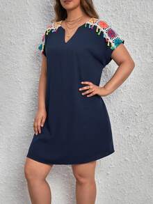 SHEIN VCAY 大碼印花缺口領蝙蝠袖洋裝 - 藏蓝色 - 查看 5