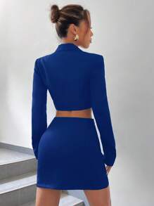 SHEIN Essnce 西裝領短版西裝&開衩短裙 - 寶藍色 - 查看 2