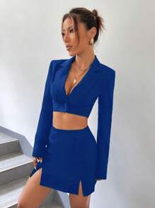 SHEIN Essnce 西裝領短版西裝&開衩短裙 - 寶藍色 - 查看 4