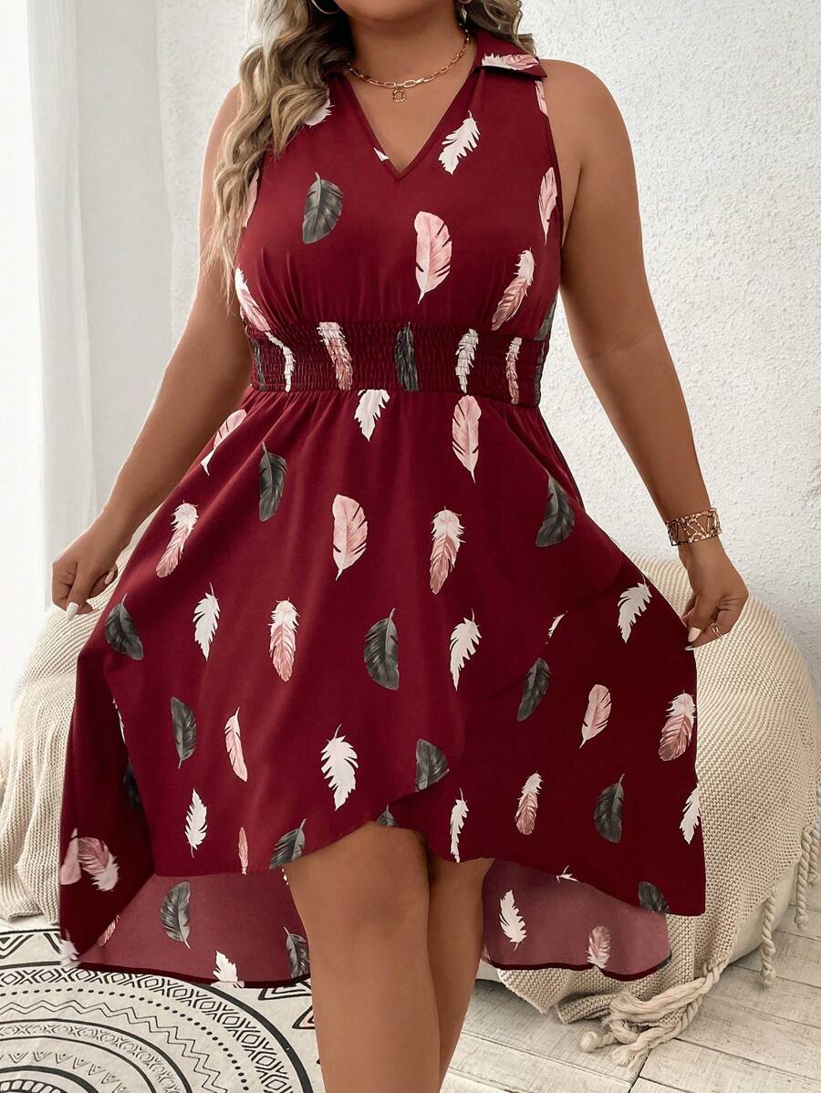 Breezaya 大碼羽毛印花圍裹連衣裙