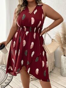 Breezaya 大碼羽毛印花圍裹連衣裙