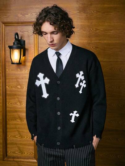Academia Men Cross Embroidery Drop Shoulder Cardigan For Halloween, School