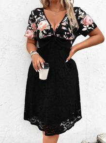 EMERY ROSE Plus Floral Print Plunge Neck Dress - Black - View 4