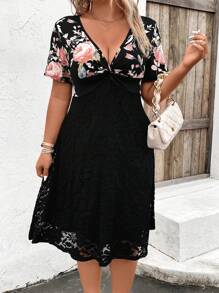 EMERY ROSE Plus Floral Print Plunge Neck Dress - Black - View 5