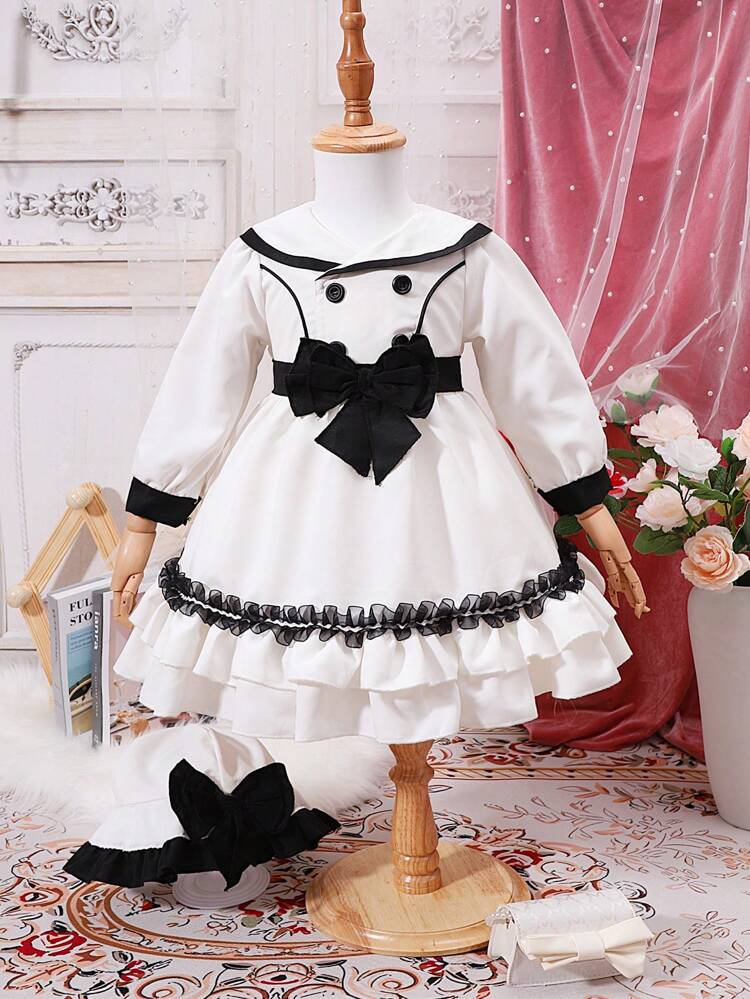 Baby Girl Bow Front Ruffle Trim Statement Collar Two Layer Hem Dress