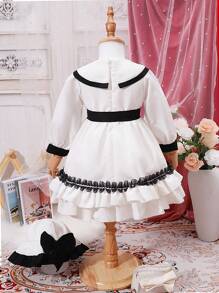 女嬰前蝴蝶結荷葉邊誇大領口二層下擺連衣裙 - 白色 - 查看 2