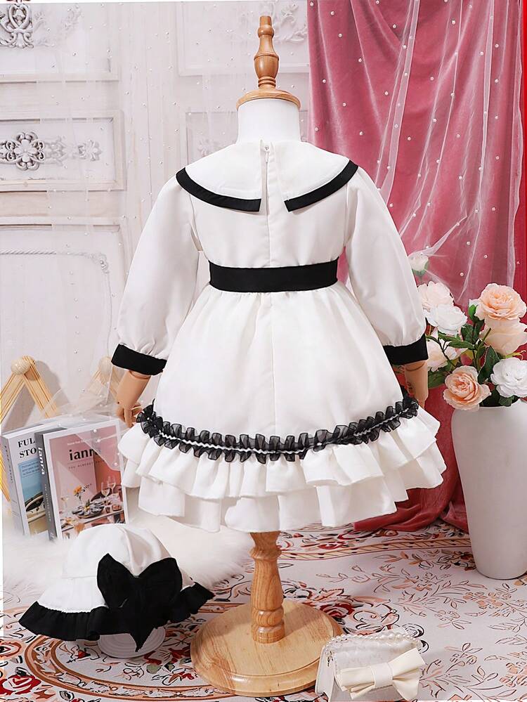 Baby Girl Bow Front Ruffle Trim Statement Collar Two Layer Hem Dress