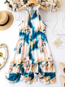 SHEIN Clasi Plus Marble Print Ruffle Hem Halter Dress - Multicolor - View 1