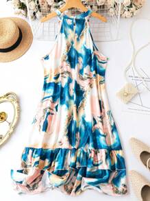 SHEIN Clasi Plus Marble Print Ruffle Hem Halter Dress - Multicolor - View 2