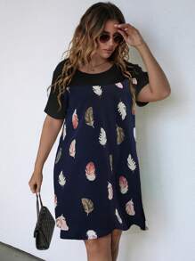 SHEIN LUNE 大碼羽毛印花連衣裙 - 藏蓝色 - 查看 1