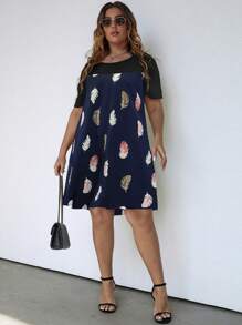 SHEIN LUNE 大碼羽毛印花連衣裙 - 藏蓝色 - 查看 4