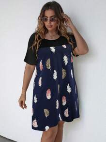 SHEIN LUNE 大碼羽毛印花連衣裙 - 藏蓝色 - 查看 5