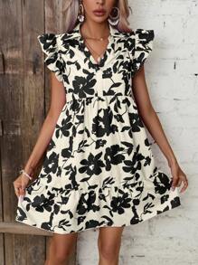 SHEIN VCAY 印花荷葉邊荷葉邊娃娃裙 - 彩色 - 查看 1