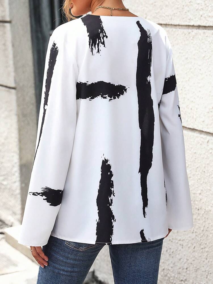 Brush Print Roll Tab Sleeve Open Front Coat