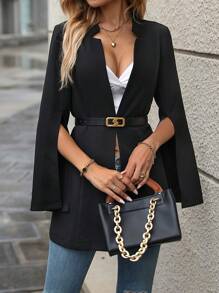 SHEIN Clasi Blazer de manga capa con parte delantera abierta sin cinturón - Negro - Ver 1