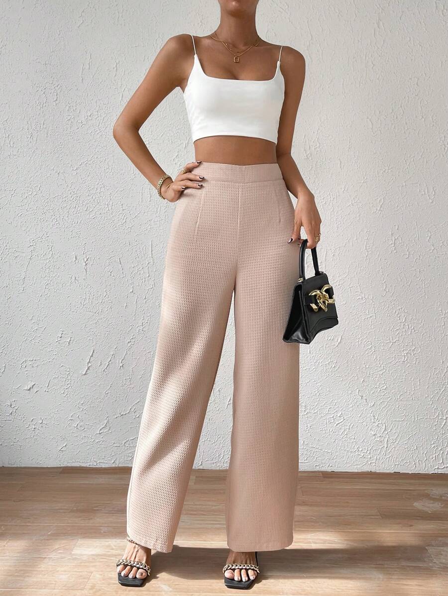 SHEIN Essnce Solid Waffle Knit High Waist Wide Leg Trousers - Khaki - View 1